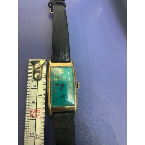 UNIQUE VINTAGE 1930\'s BULOVA TANK WATCH TEAL GREEN BLUE FACE MANUAL WIND WORKS! main image 5